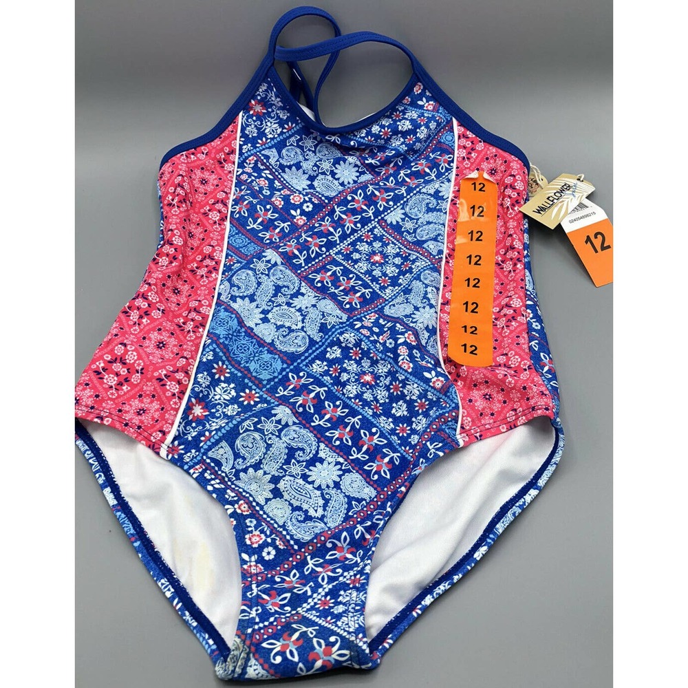 NWT Girls WallFlower Swim Bathing Suit One Piece Blue/Red Floral/Paisley UPF 50